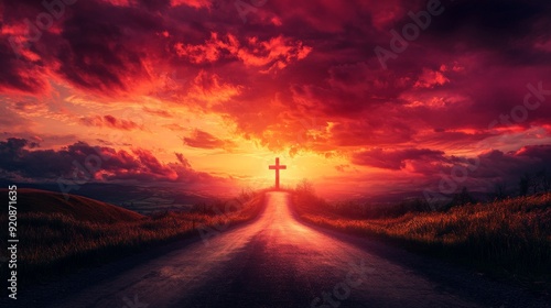 A striking red sunset casts an ethereal glow over a winding road leading to a cross, creating a peaceful yet dramatic atmosphere at dusk