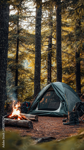 Cozy Camping Tent with Campfire in Dense Forest