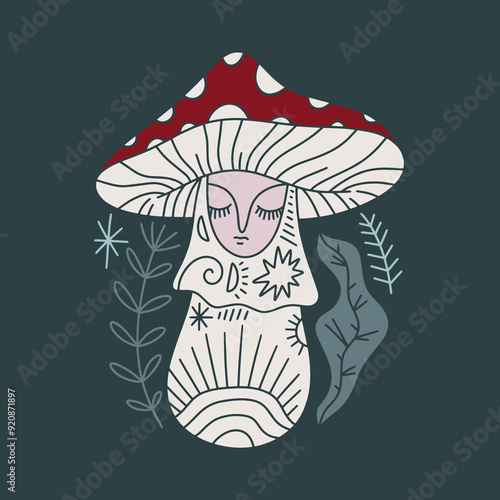 Witchcraft folk boho mushroom with face. Fairytale fantasy poison fly agaric character. Magical potion ingredients concept. Cartoon doodle Scandinavian cartoon childish nursery style. Forest floral