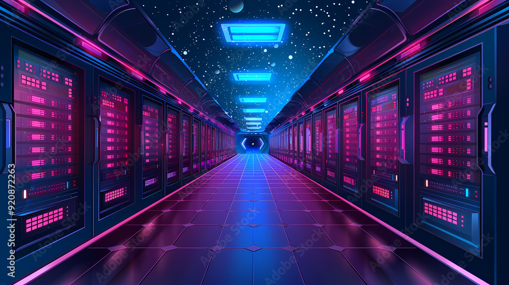Fototapeta premium Vector cartoon corridor in a spaceship,Data Center With Illuminated Server Racks