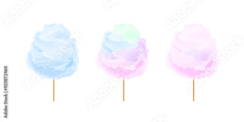 Cotton candy. Sugar dessert vector illustration set
