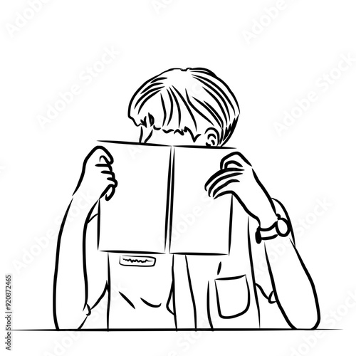 Boy holding book with face hidden behind the book, vector sketch outline hand drawn line art illustration isolated.