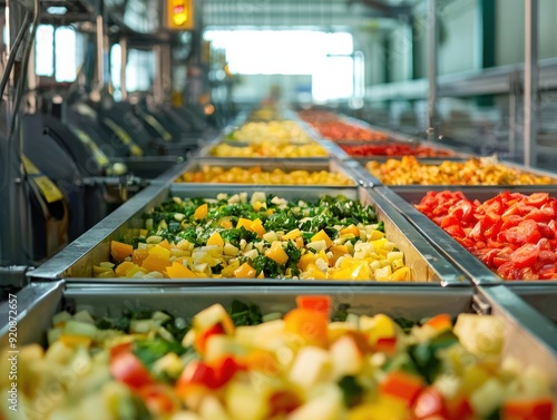 A Conveyor Belt Filled with Rows of Freshly Chopped Vegetables, a Glimpse into the Industrial Food Production Process