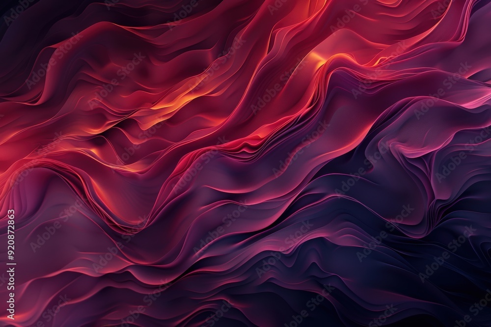 Obraz premium Vibrant abstract background with flowing purple, orange, and pink silk-like fabric textures creating a smooth, wavelike pattern.. Beautiful simple AI generated image