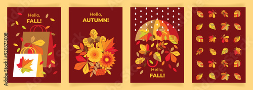 Set of autumnal backgrounds with maple, chestnut, oak, rowan, flowers, shopping bag, umbrella. Bright, creative, autumn flyer, price tag, label for seasonal sale