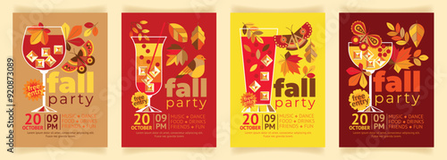 A set of stylish creative flyers for leaf fall party with cocktails, leaves, butterflies and a bird. Cool catchy template for autumn party with elements of nature and drinks