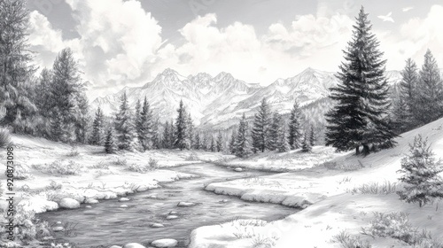 A landscape drawing of a mountain range with a peaceful nuance