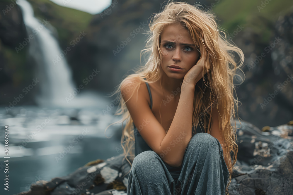 Cinematic movie still of a sad and beautiful nymph sitting on a rock looking at the viewer. Cinematic movie still of a sad and beautiful nymph sitting on a rock looking at the viewer.