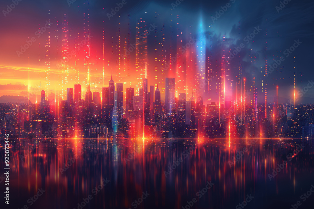 Fototapeta premium Futuristic Cityscape at Sunset with Vibrant Light Streaks