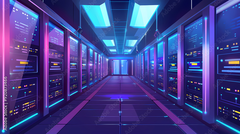 Vector cartoon corridor in a spaceship,Data Center With Illuminated Server Racks Vector cartoon corridor in a spaceship,Data Center With Illuminated Server Racks