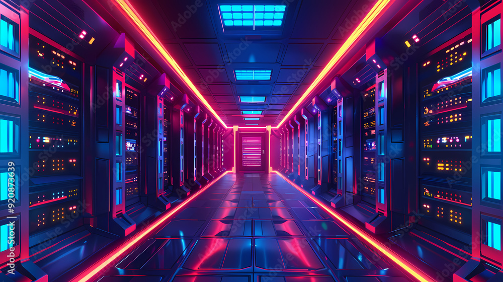 Vector cartoon corridor in a spaceship,Data Center With Illuminated Server Racks Vector cartoon corridor in a spaceship,Data Center With Illuminated Server Racks