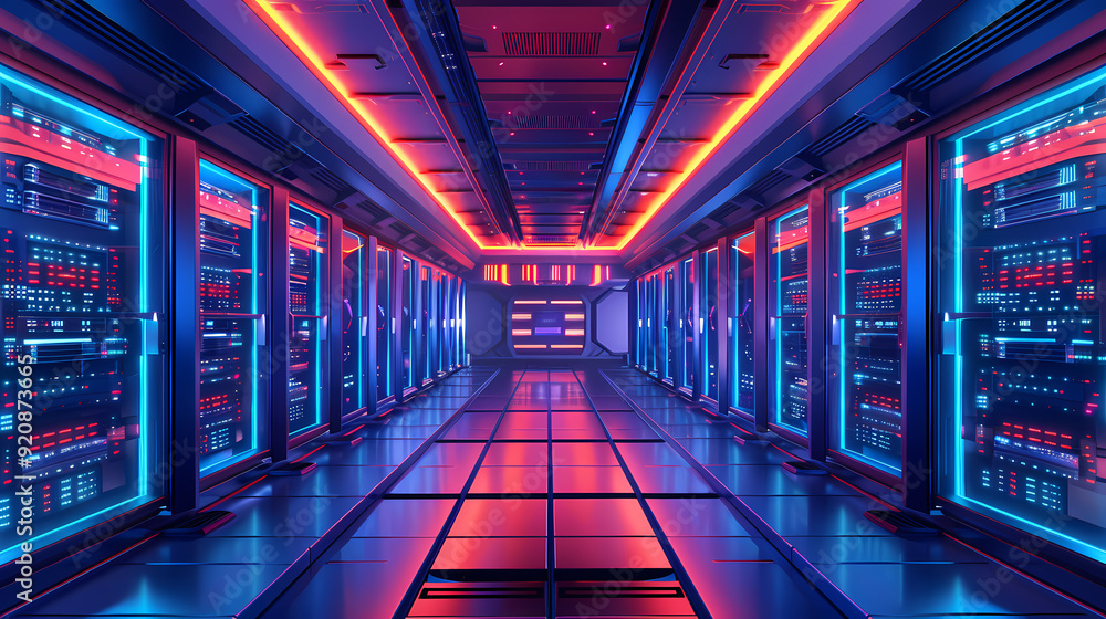 Vector cartoon corridor in a spaceship,Data Center With Illuminated Server Racks Vector cartoon corridor in a spaceship,Data Center With Illuminated Server Racks