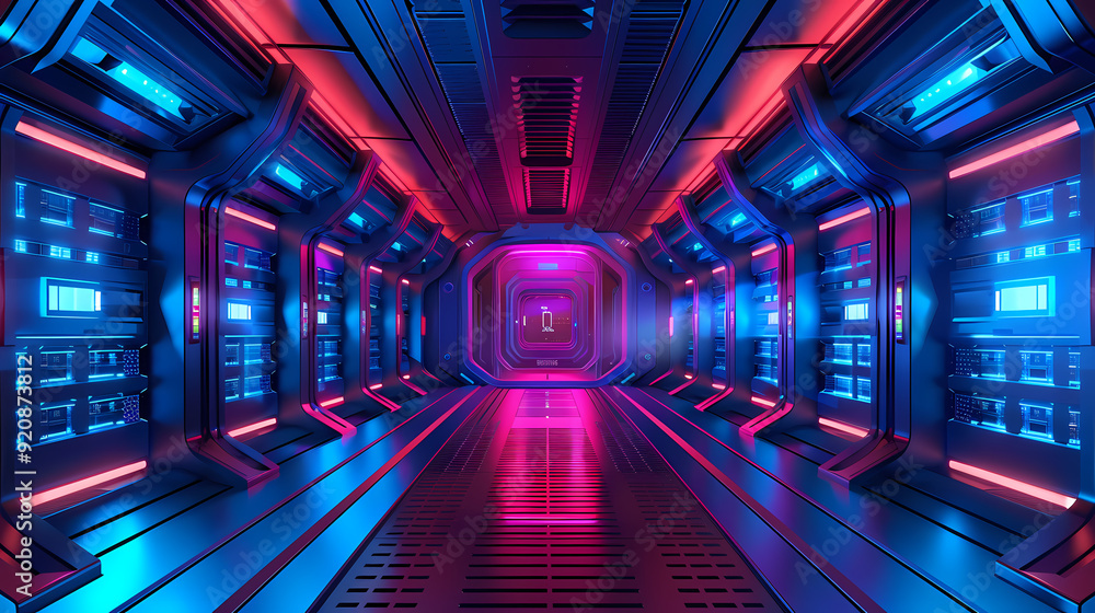 Vector cartoon corridor in a spaceship,Data Center With Illuminated Server Racks Vector cartoon corridor in a spaceship,Data Center With Illuminated Server Racks