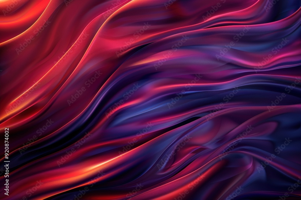 Obraz premium Vibrant abstract background with flowing purple, orange, and pink silk-like fabric textures creating a smooth, wavelike pattern.. Beautiful simple AI generated image