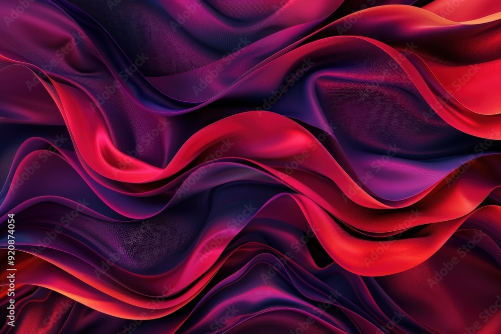 Obraz premium Vibrant abstract background with flowing purple, orange, and pink silk-like fabric textures creating a smooth, wavelike pattern.. Beautiful simple AI generated image