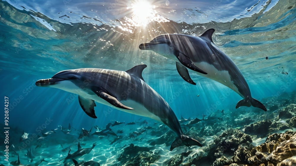 Obraz premium A picture of a dolphin swimming in blue water.