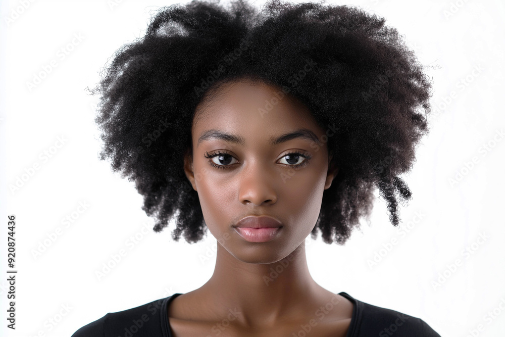 Beautiful woman close-up, African-American appearance, with a serious expression on her face on a white background, portrait, model photography, minimalism. medium plan. Advertising banner. Beautiful woman close-up, African-American appearance, with a serious expression on her face on a white background, portrait, model photography, minimalism. medium plan. Advertising banner.
