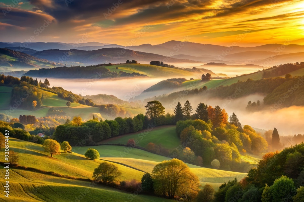 custom made wallpaper toronto digitalWarm, soft light envelops a serene landscape as the sun sets, casting a peaceful glow over rolling hills, rustic woods, and misty valleys.