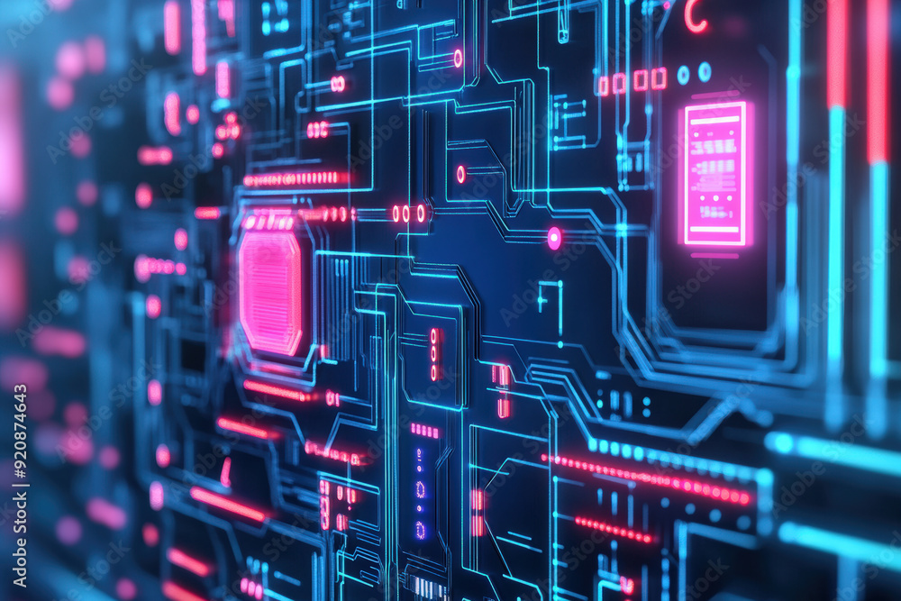 Close-up of a digital circuit board with glowing pink and blue components, symbolizing advanced technology and innovation. Close-up of a digital circuit board with glowing pink and blue components, symbolizing advanced technology and innovation.