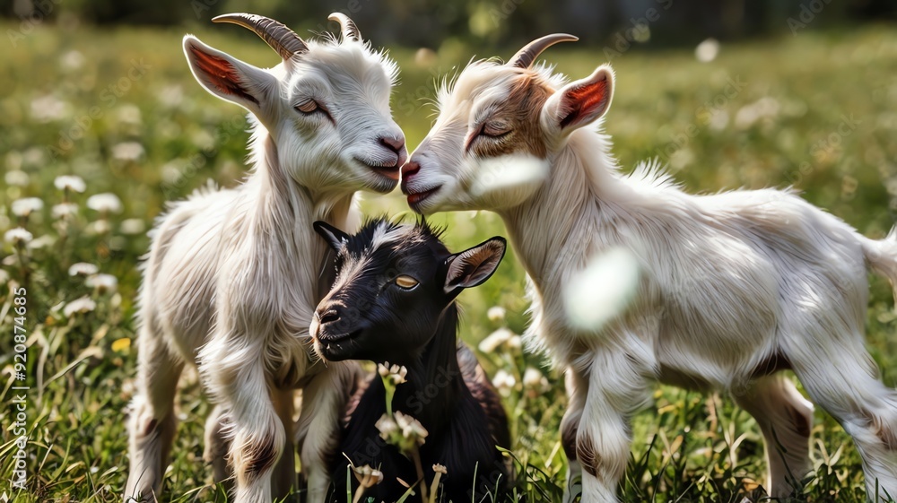 Fototapeta premium A picture of three baby goats, one white and two black, playing in a grassy field.