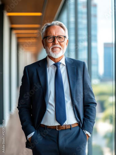 Senior businessman with grey hair and beard in a blue suit and glasses, standing confidently in a modern office corridor.