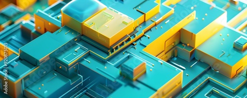 Abstract 3D Structure with Teal and Yellow Cubes