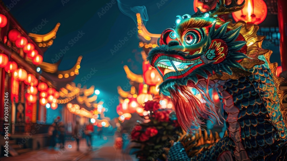 Vibrant Chinese New Year Celebration: Dragon Zodiac Sign, Lanterns, and Asian Elements in Beautiful Walkway Holiday Scene Vibrant Chinese New Year Celebration: Dragon Zodiac Sign, Lanterns, and Asian Elements in Beautiful Walkway Holiday Scene