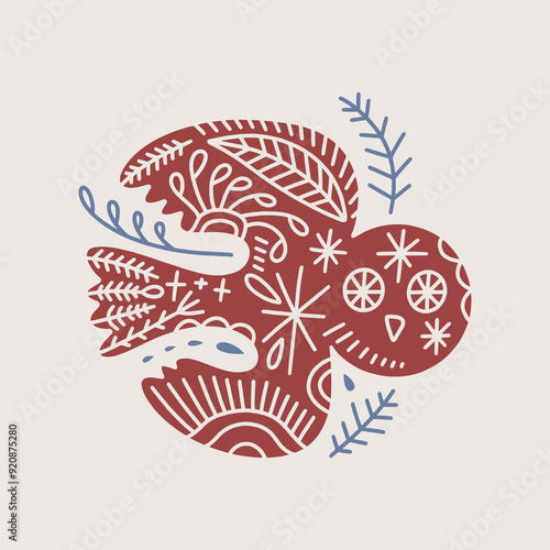 Folk owl bird tribal boho patterned animal in Scandinavian cottagecore style, floral ornament. Hygge, lagom and fika lifestyle philosophy concept. Swedish or Finnish stylized folklore animalistic