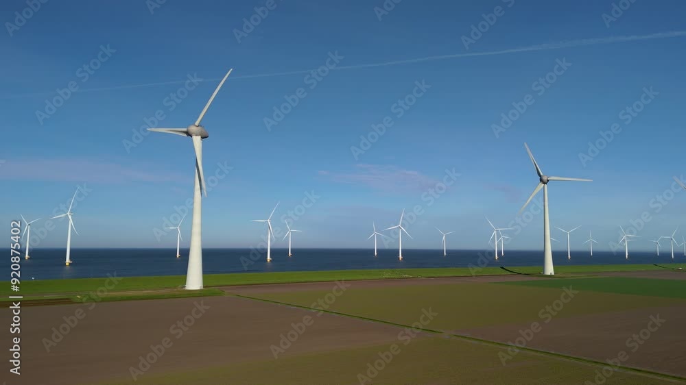 A breathtaking aerial view of numerous windmill turbines located in the picturesque Netherlands, highlighting the important shift towards sustainable, renewable green energy sources for the future