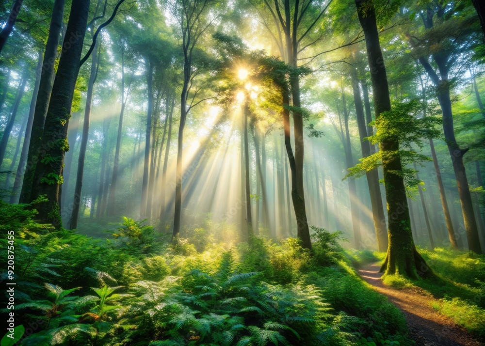 Fototapeta premium Serene sunlight filters through dense foliage, illuminating misty forest floor, as towering trees stand tall, surrounded by lush greenery, evoking a sense of calm.