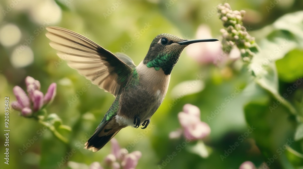 Naklejka premium A delicate hummingbird glides effortlessly near the blooming flowers, its colorful feathers catching the sunlight in emerald hues.
