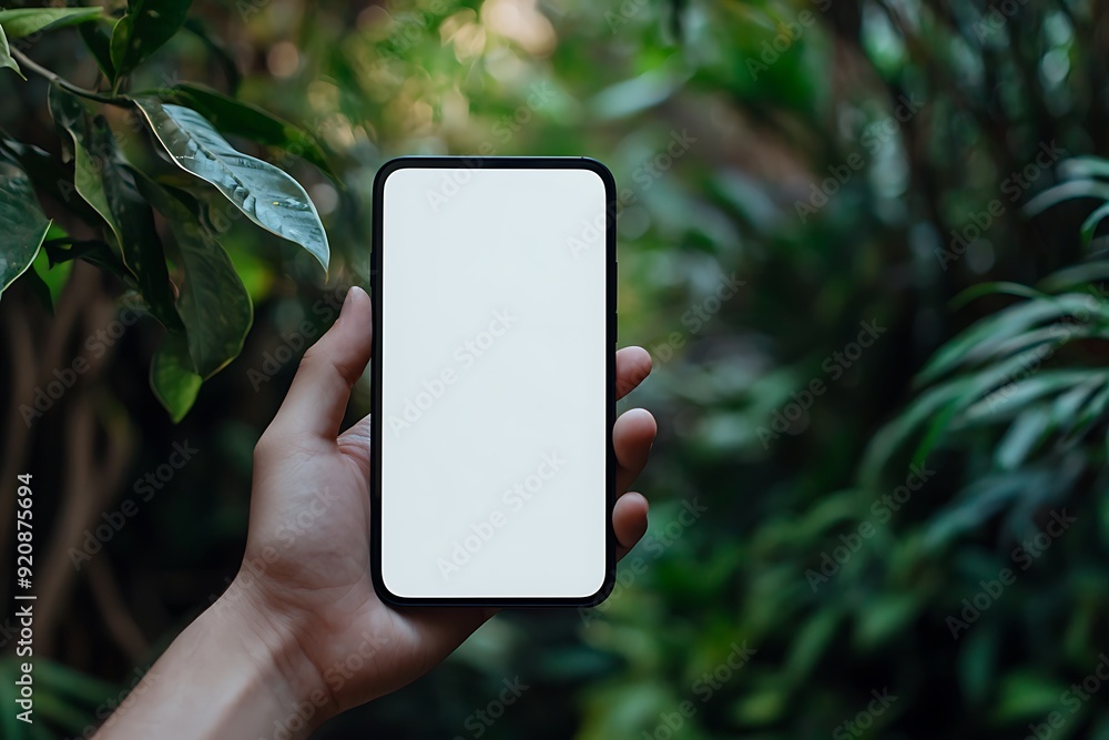 Hand holding smartphone with blank screen in front of green foliage. Hand holding smartphone with blank screen in front of green foliage.