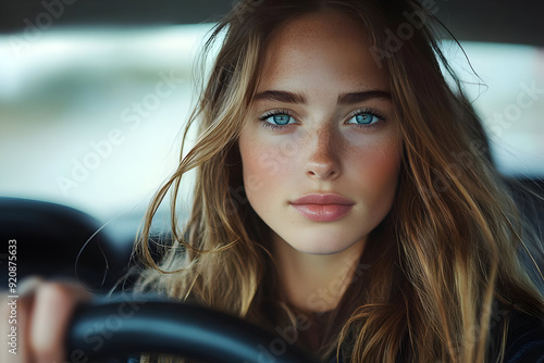 An expressive portrait of a young woman with mesmerizing blue eyes, captured while sitting in a car, radiating confidence and beauty.