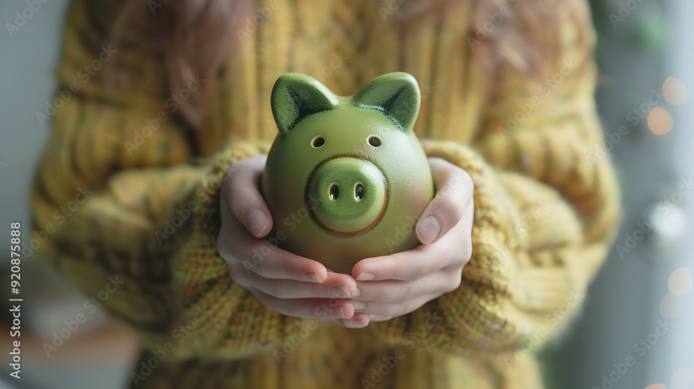 Photo Realistic Eco Friendly Piggy Bank: Sustainable Savings Financial Practices with Person Holding Green Savings Symbol Concept Photo Realistic Eco Friendly Piggy Bank: Sustainable Savings Financial Practices with Person Holding Green Savings Symbol Concept