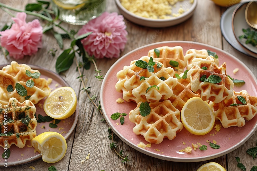 A plate of freshly made waffles topped with mint and lemon slices. A plate of freshly made waffles topped with mint and lemon slices.