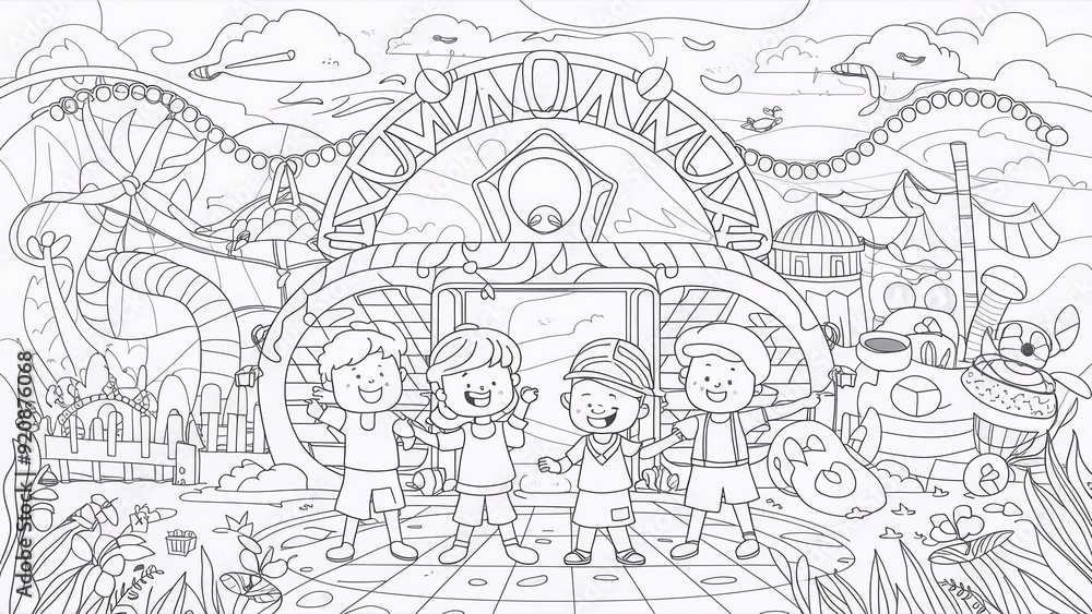 Fototapeta premium coloring book for children. Children open and explore a theme park, cartoon with one black outline for children's coloring books.