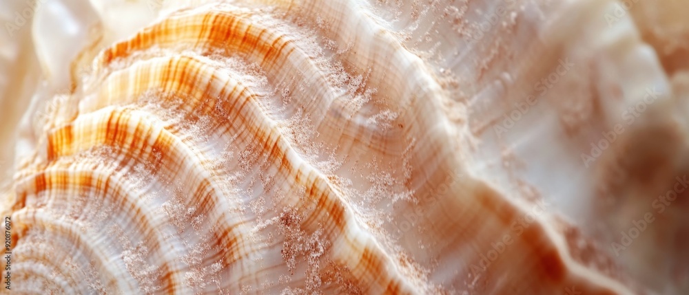 Close-up of sea shell surface with fine, natural ridges and a smooth, polished texture revealing marine patterns Close-up of sea shell surface with fine, natural ridges and a smooth, polished texture revealing marine patterns