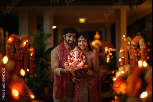 Young indian couple holding lord ganesha sculpture in hand. celebrating lord ganesha festival. photo