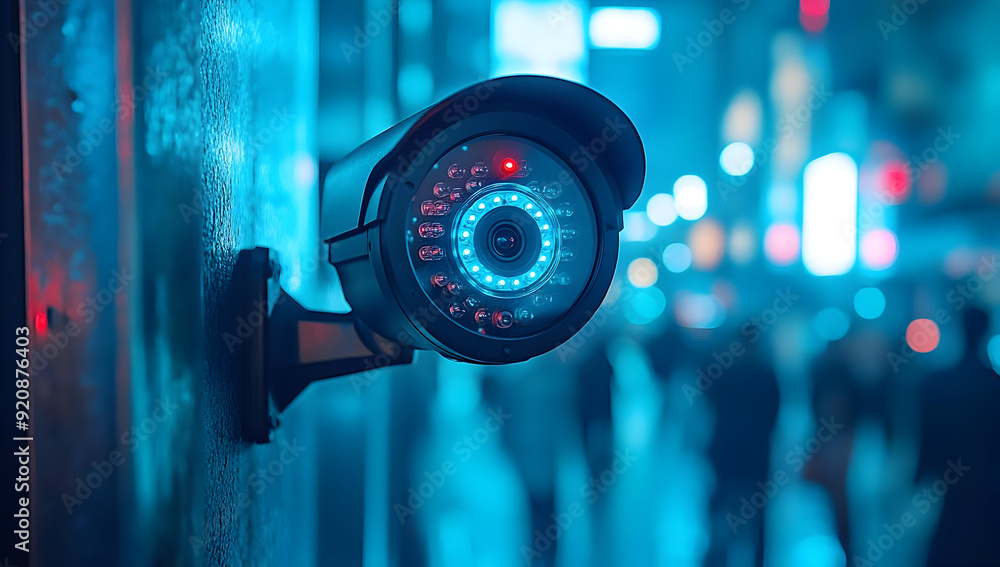 Close-up of a modern security camera in an urban setting, illuminated by vibrant blue lights amidst blurred city life. Close-up of a modern security camera in an urban setting, illuminated by vibrant blue lights amidst blurred city life.