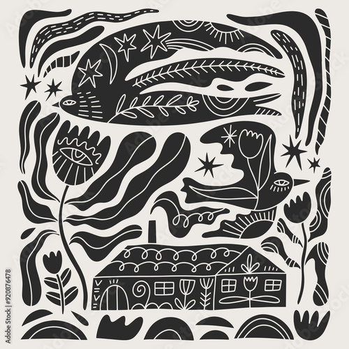 Birds and little country house elements set. Black and white monochrome folk bird tribal boho patterned animal in Scandinavian cottagecore style, floral ornament. Hygge, lagom and fika lifestyle