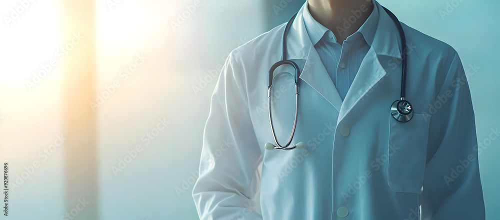 A healthcare professional in a bright environment, wearing a white coat and a stethoscope, symbolizing medical care and expertise. A healthcare professional in a bright environment, wearing a white coat and a stethoscope, symbolizing medical care and expertise.