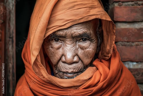 A close-up portrait of an elderly woman, her face framed by a vibrant orange headscarf, staring intently at the camera.