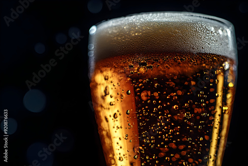 Close-up of a frothy glass of beer with bubbles against a dark background, perfect for beverage-themed projects. photo