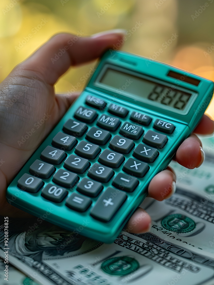 Person holding green calculator and money on clean background for financial calculations and investments concept Person holding green calculator and money on clean background for financial calculations and investments concept