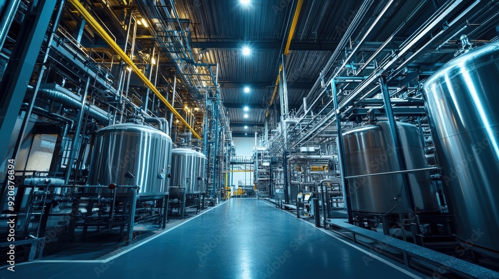 Industrial Interior with Steel Tanks and Pipework in a Modern Processing Plant