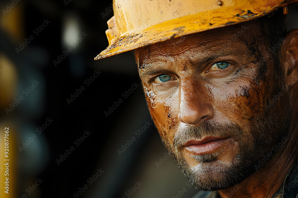 Close-up of a rugged worker in a hard hat, showcasing determination and grit in a demanding environment. Close-up of a rugged worker in a hard hat, showcasing determination and grit in a demanding environment.