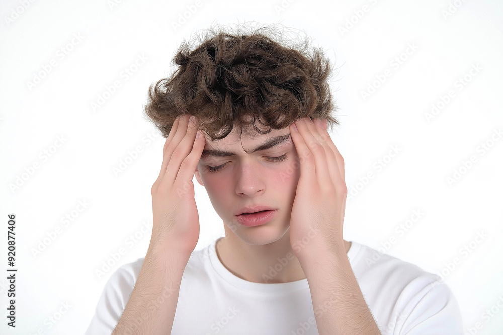 A young man of European appearance holds his head, he has a headache, on a white background, medium plan. A young man of European appearance holds his head, he has a headache, on a white background, medium plan.