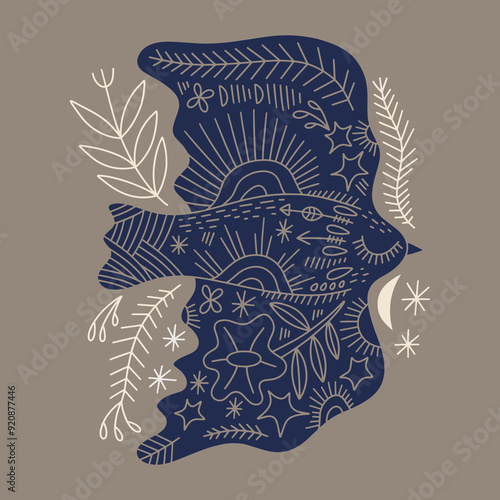Folk bird tribal boho patterned animal in Scandinavian cottagecore style, floral ornament. Hygge, lagom and fika lifestyle philosophy concept. Swedish or Finnish stylized folklore animalistic drawing