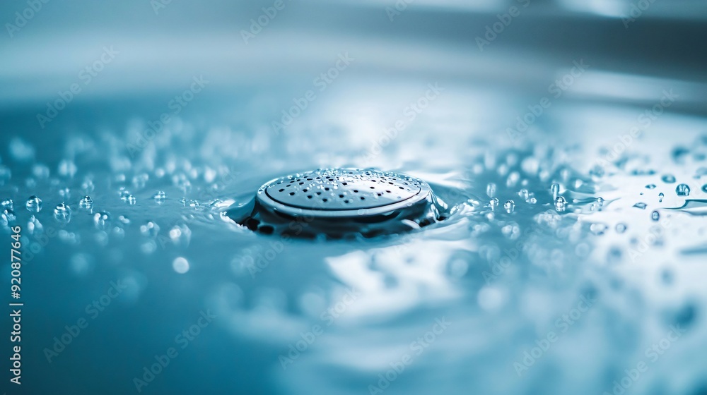 Wet shower head lying in the shower stall. Clos