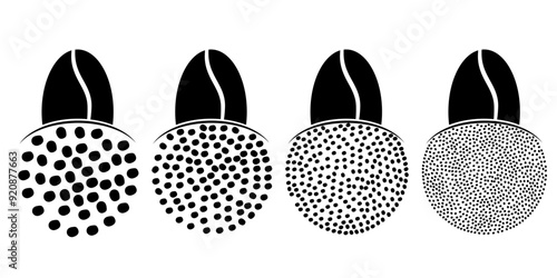 Cartoon roasted coffee beans pictogram. Coffee bean grind, size chart grains. For mug or cup. For coffee percolator. Coarse, medium or fine progress bar, loading. Manual coffee grinder.